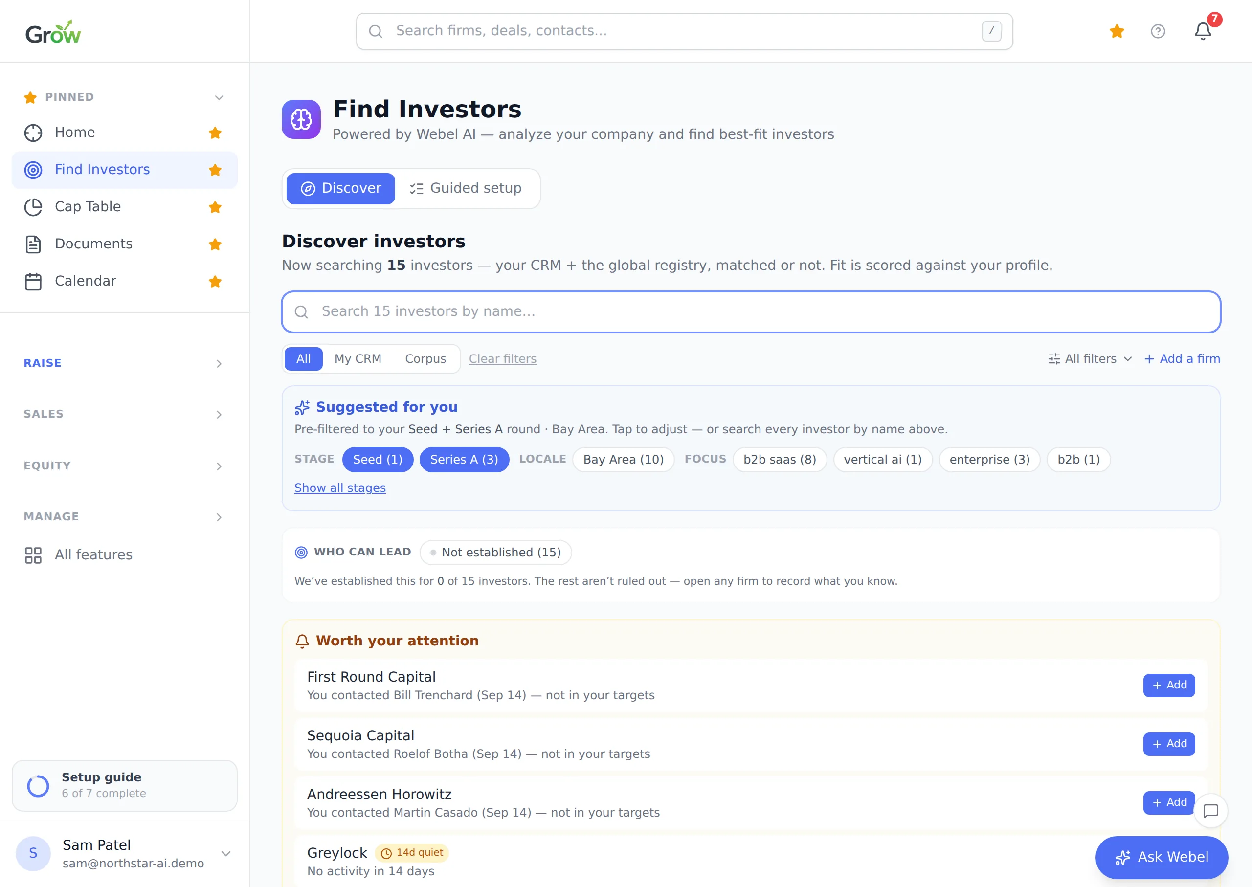 Grow investor discovery: investors from the CRM and the global registry scored against the company profile, pre-filtered by stage and locale, with firms worth attention listed first.