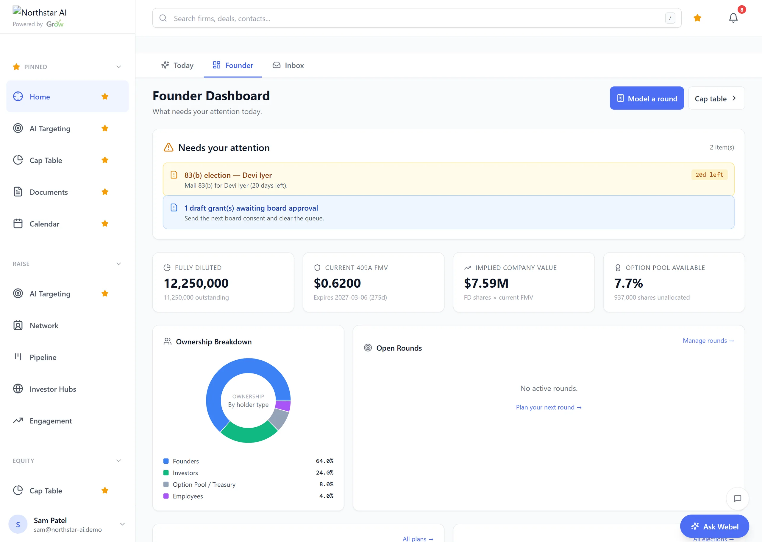 The Grow platform overview: cap table, raise, financials and documents in one place.
