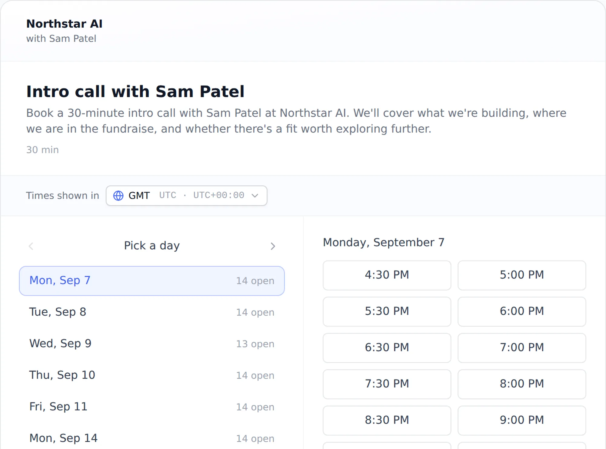 A Grow booking page: choosing a day and an open time slot to book a 30-minute intro call, shown in the visitor's own time zone.