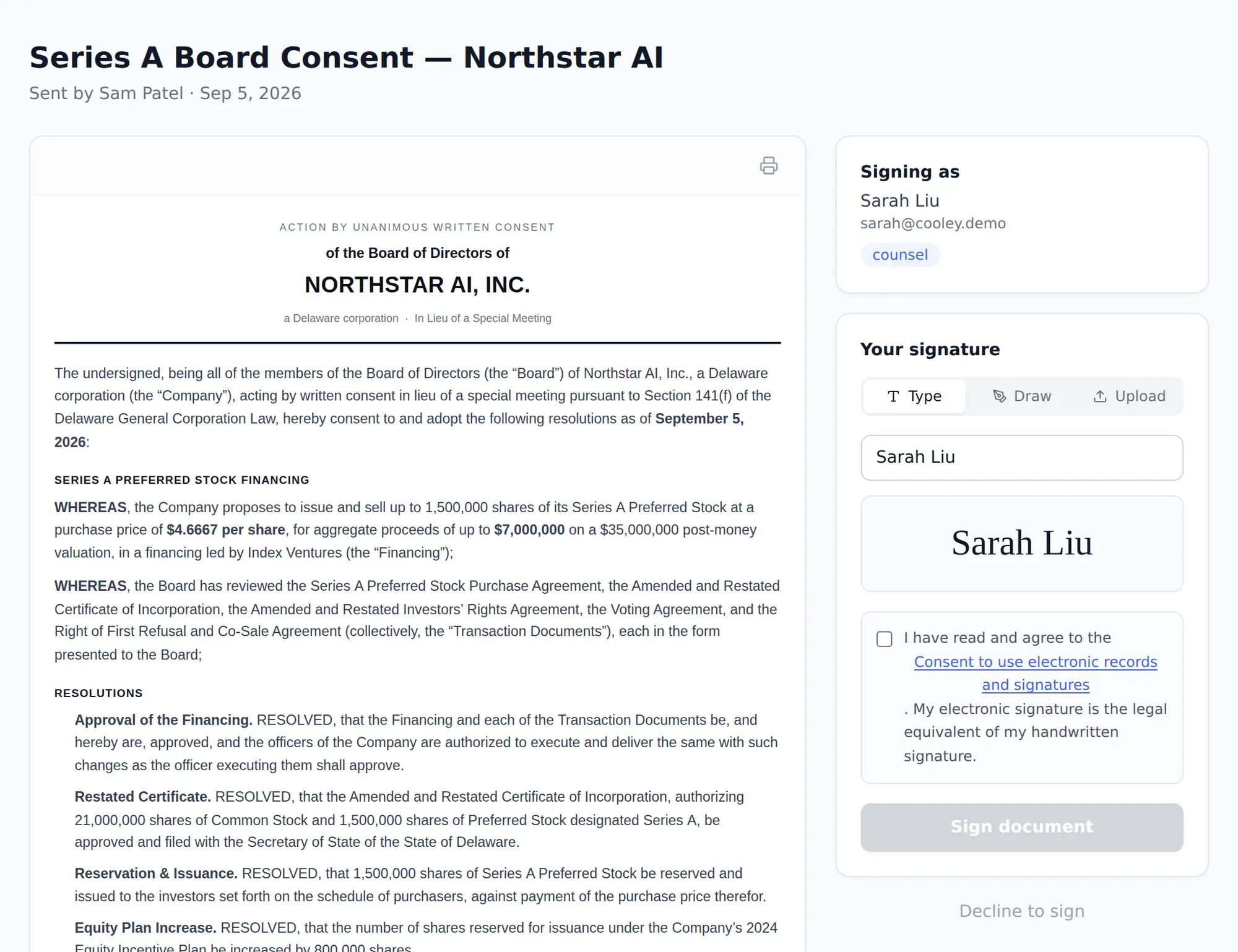 A Grow document-signing page: a signer reviewing the Series A board consent, adopting a typed signature, and consenting to sign electronically.