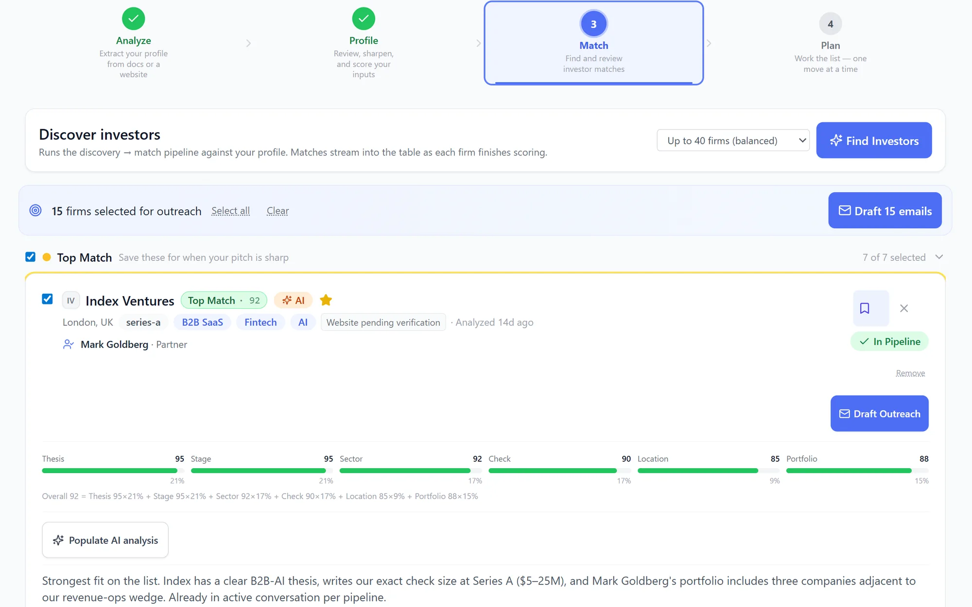 Grow AI investor targeting with a ranked top match and a score breakdown.